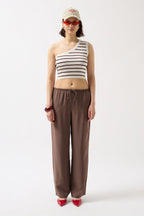 One Shoulder Striped White Brown Crop