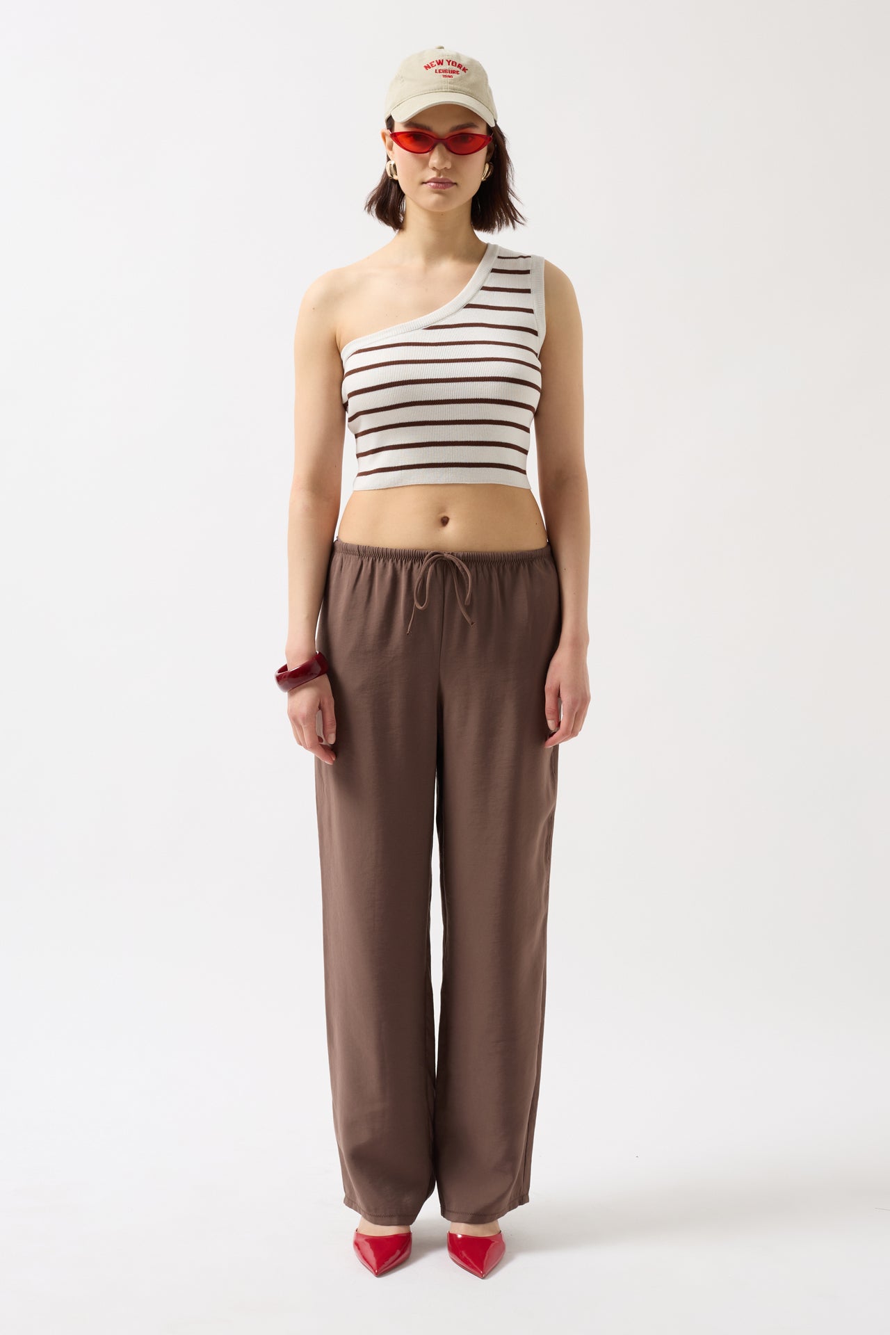 One Shoulder Striped White Brown Crop