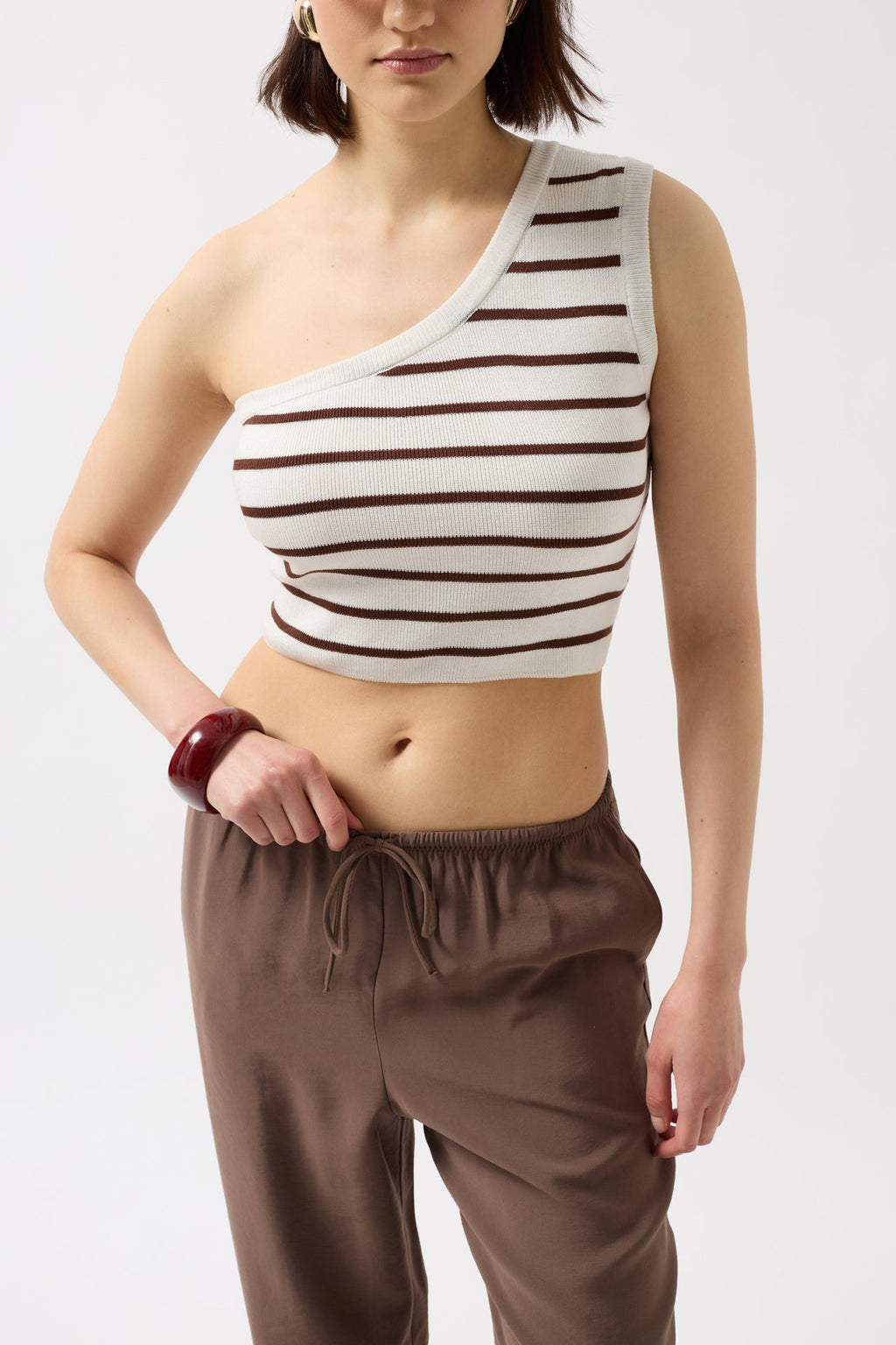 One Shoulder Striped White Brown Crop