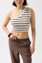 One Shoulder Striped White Brown Crop