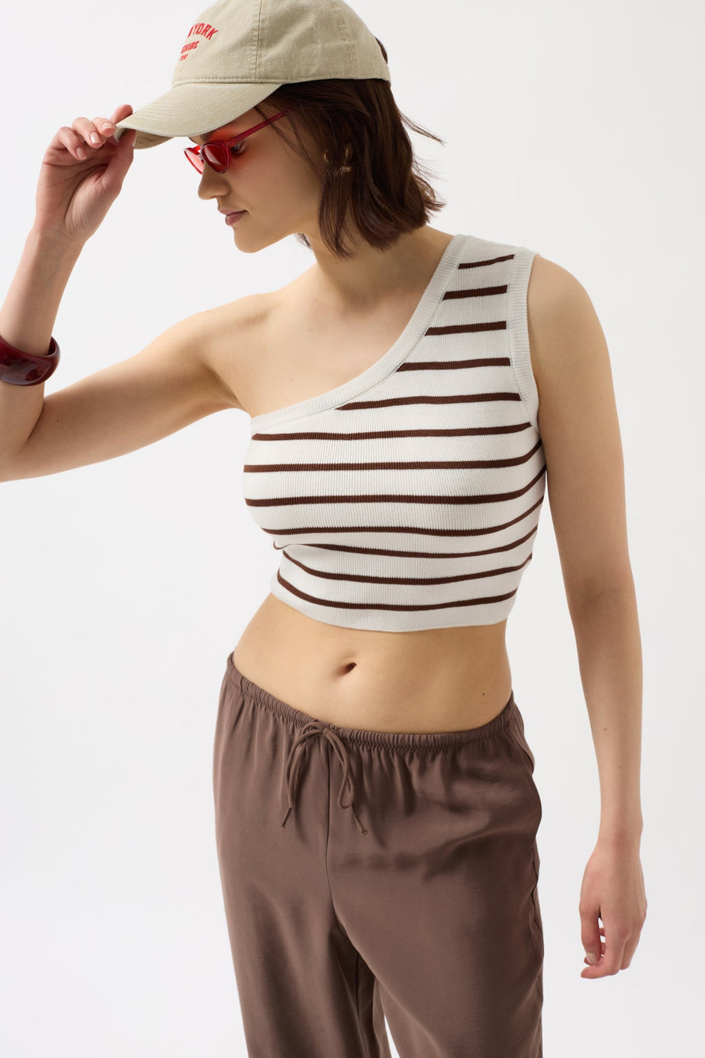 One Shoulder Striped White Brown Crop