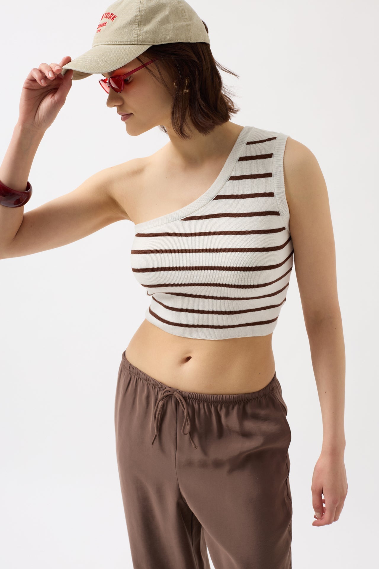 One Shoulder Striped White Brown Crop