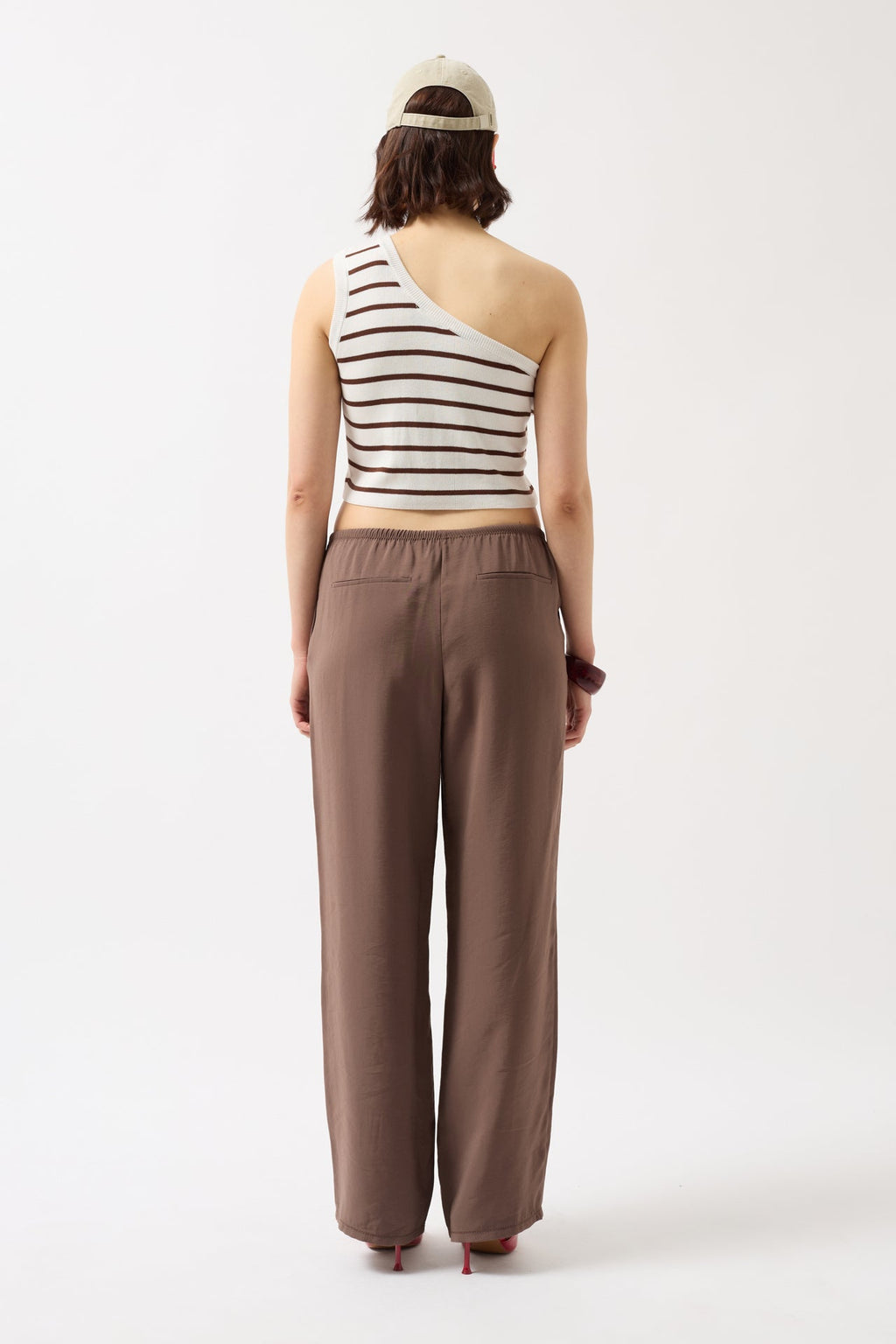 One Shoulder Striped White Brown Crop
