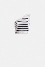 One Shoulder Striped White Navy Blue Crop