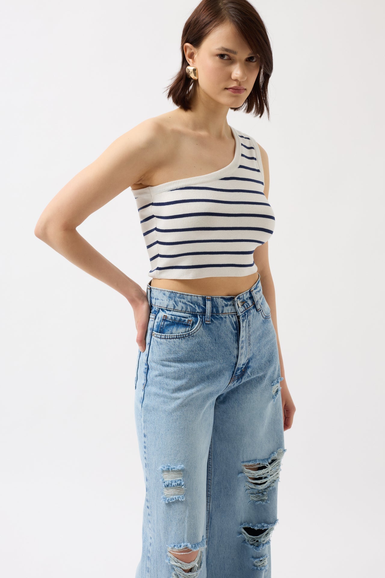 One Shoulder Striped White Navy Crop