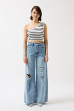 One Shoulder Striped White Navy Crop
