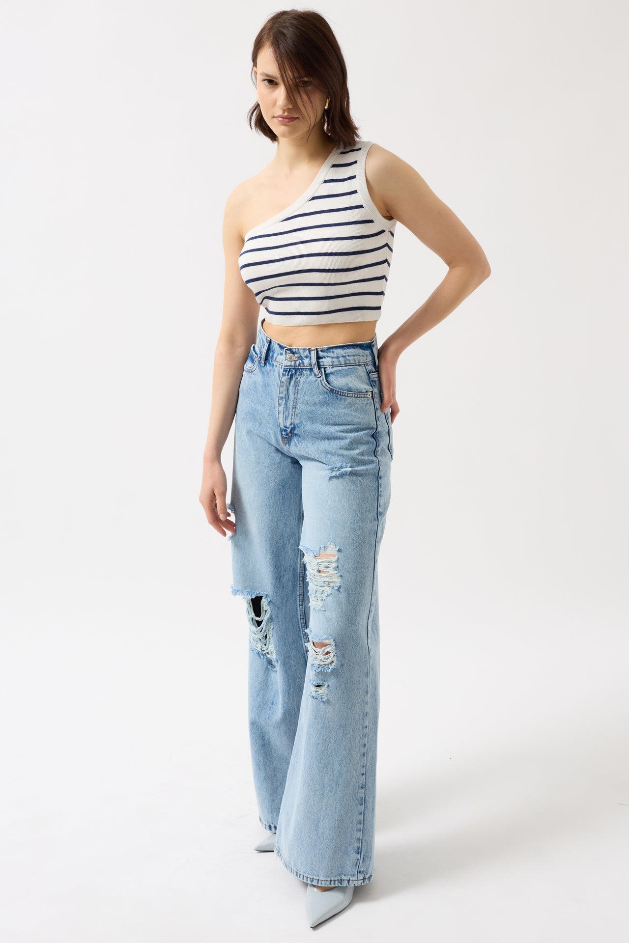 One Shoulder Striped White Navy Crop