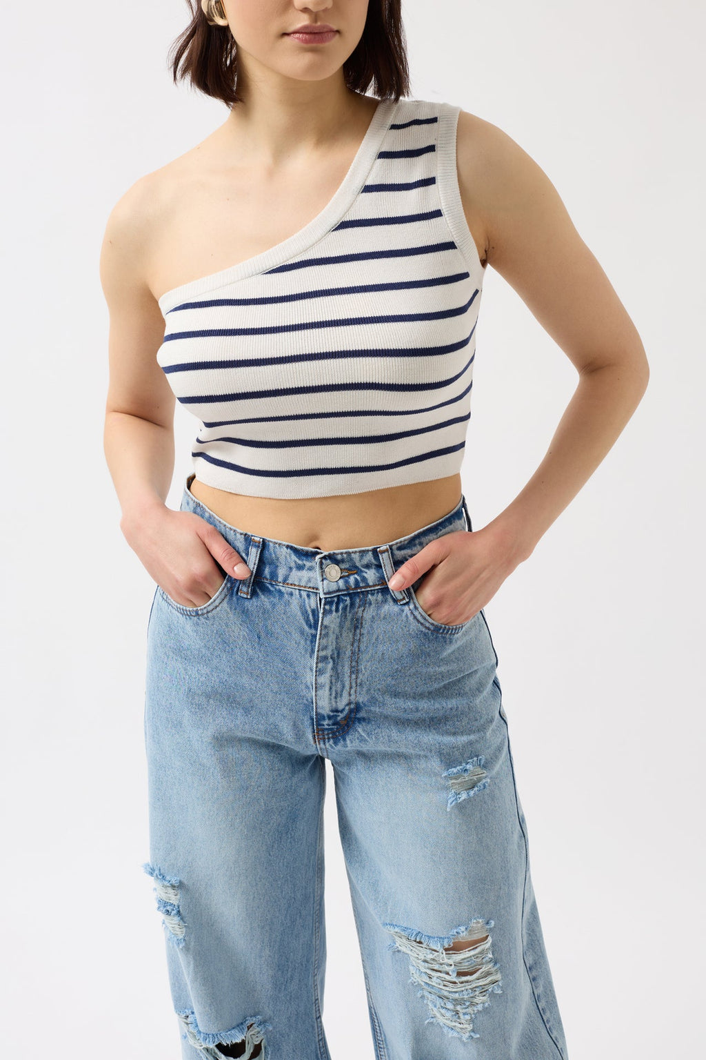 One Shoulder Striped White Navy Crop