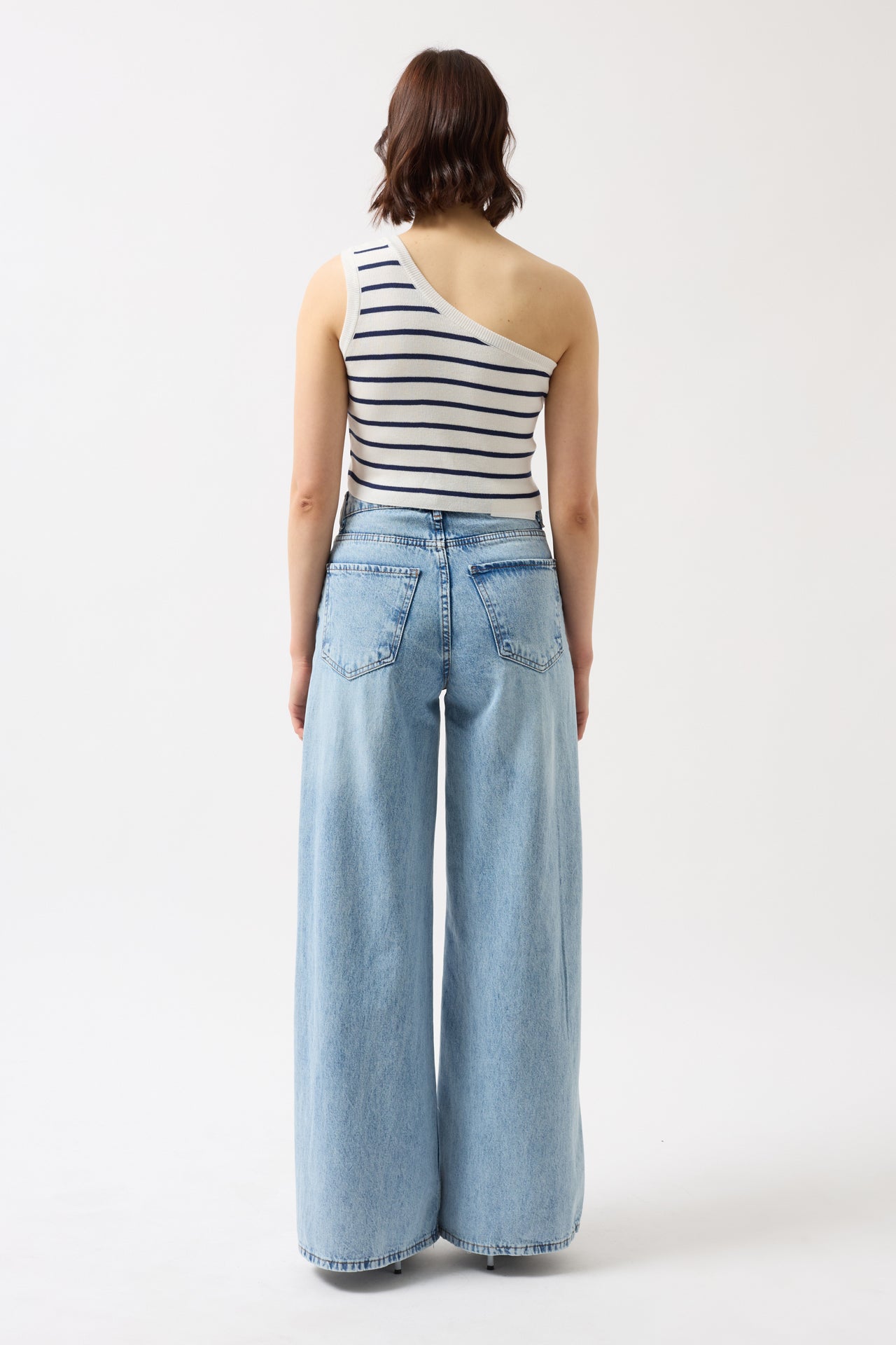 One Shoulder Striped White Navy Crop