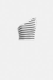One Shoulder Striped White Black Crop