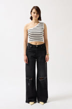 One Shoulder Striped White Black Crop