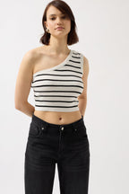 One Shoulder Striped White Black Crop