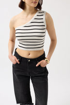 One Shoulder Striped White Black Crop
