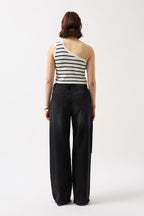 One Shoulder Striped White Black Crop