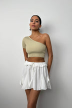 One-Shoulder Beige Crop Blouse