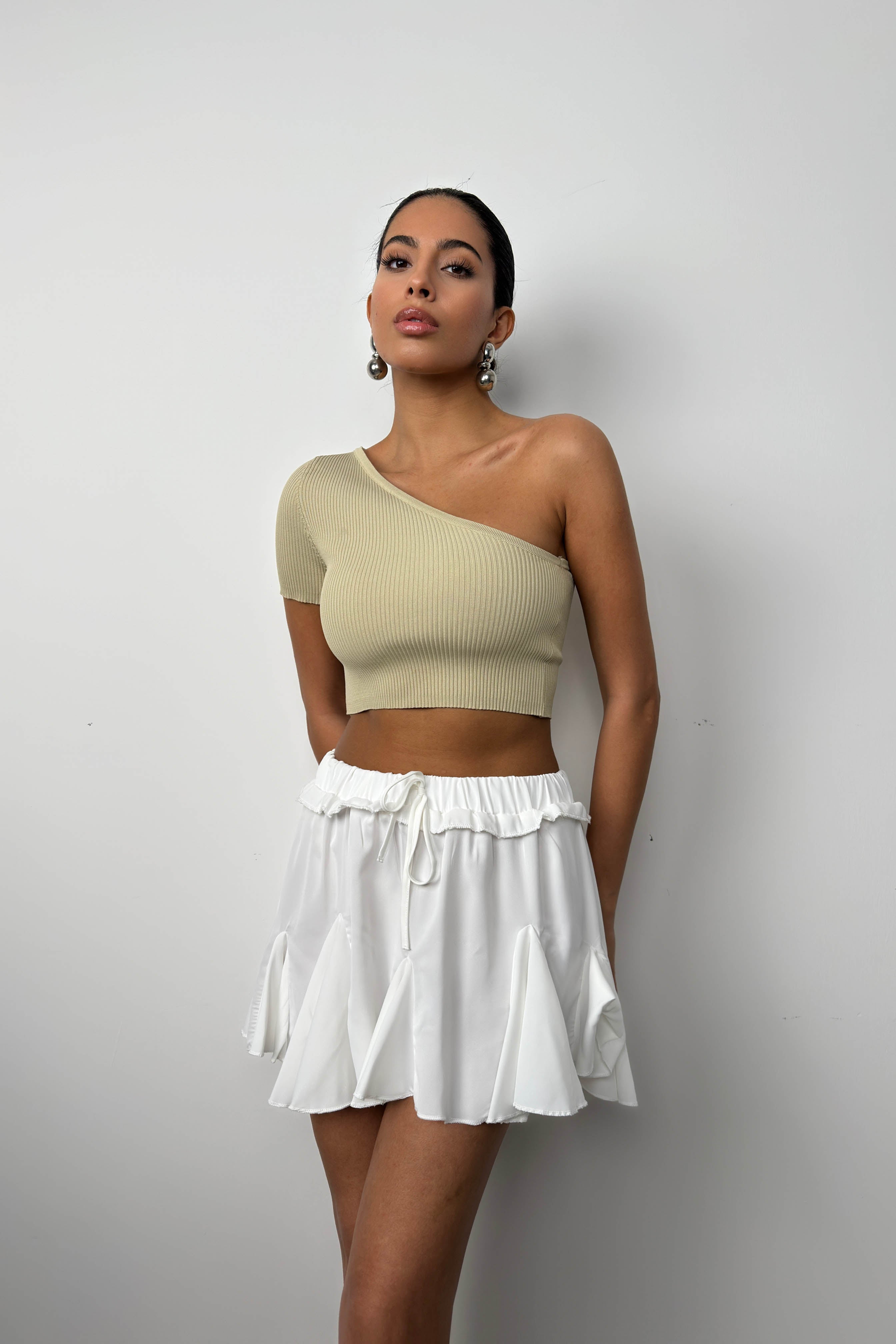One-Shoulder Beige Crop Blouse