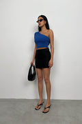One Shoulder Saxe Blue Crop Blouse