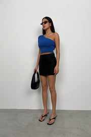 One Shoulder Saxe Blue Crop Blouse