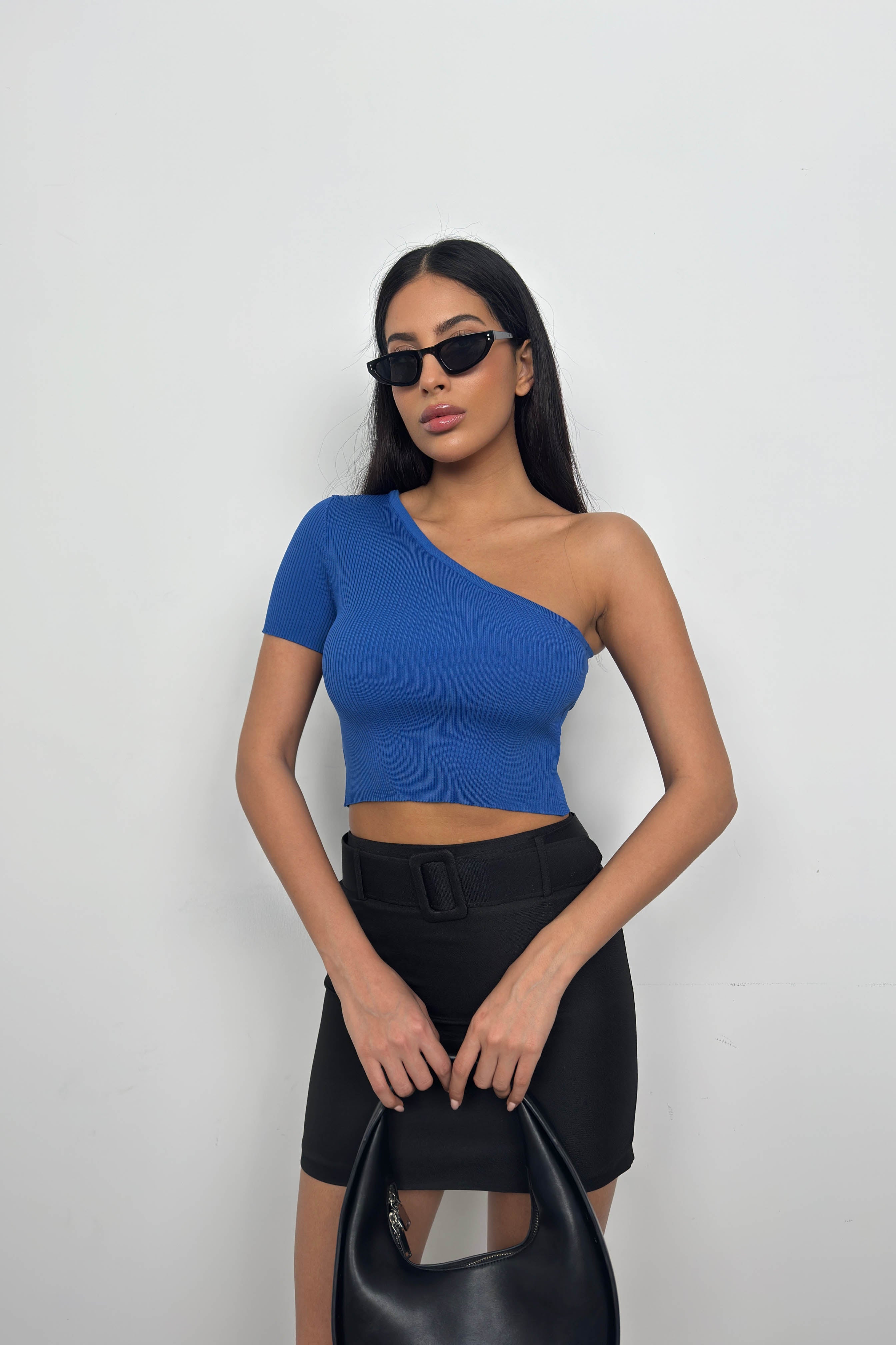 One Shoulder Saxe Blue Crop Blouse