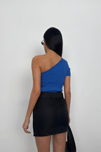 One Shoulder Saxe Blue Crop Blouse