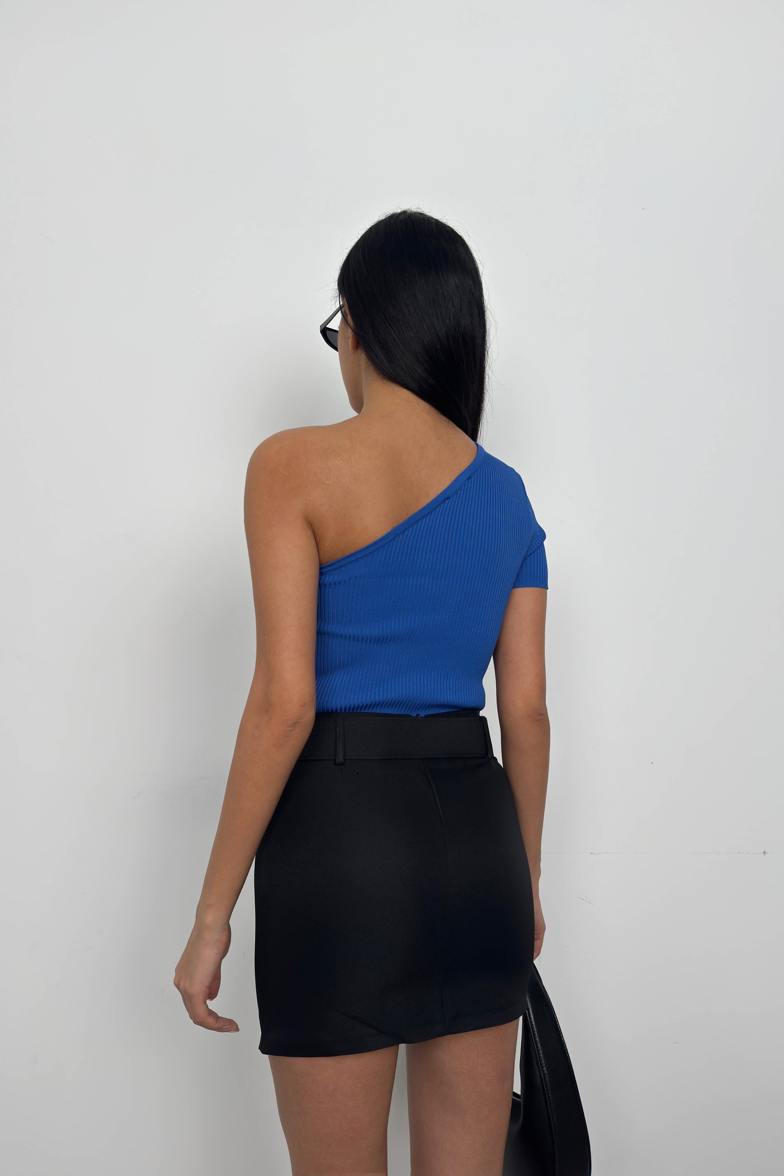 One Shoulder Saxe Blue Crop Blouse