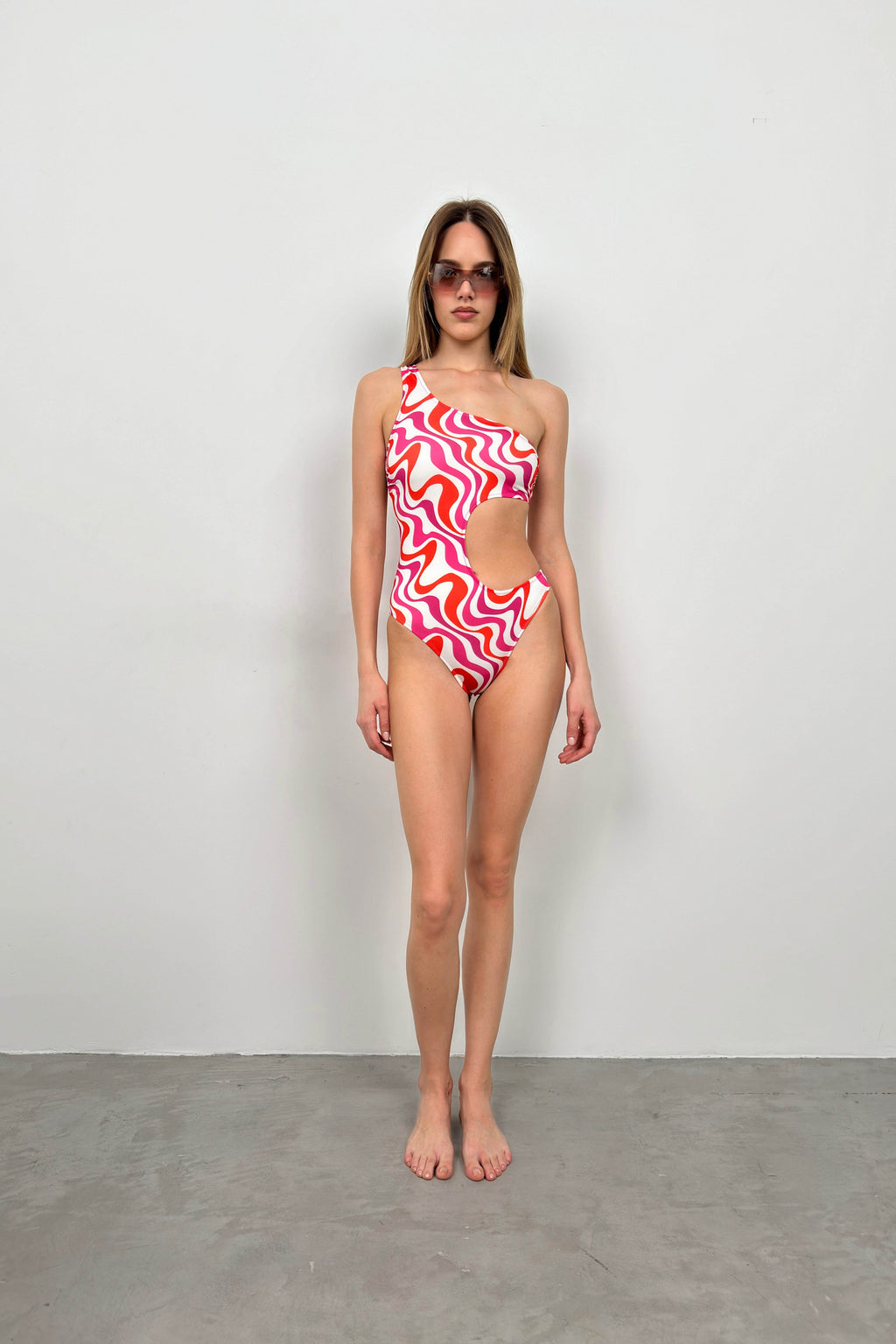 One Shoulder Patterned Pink Mayokini
