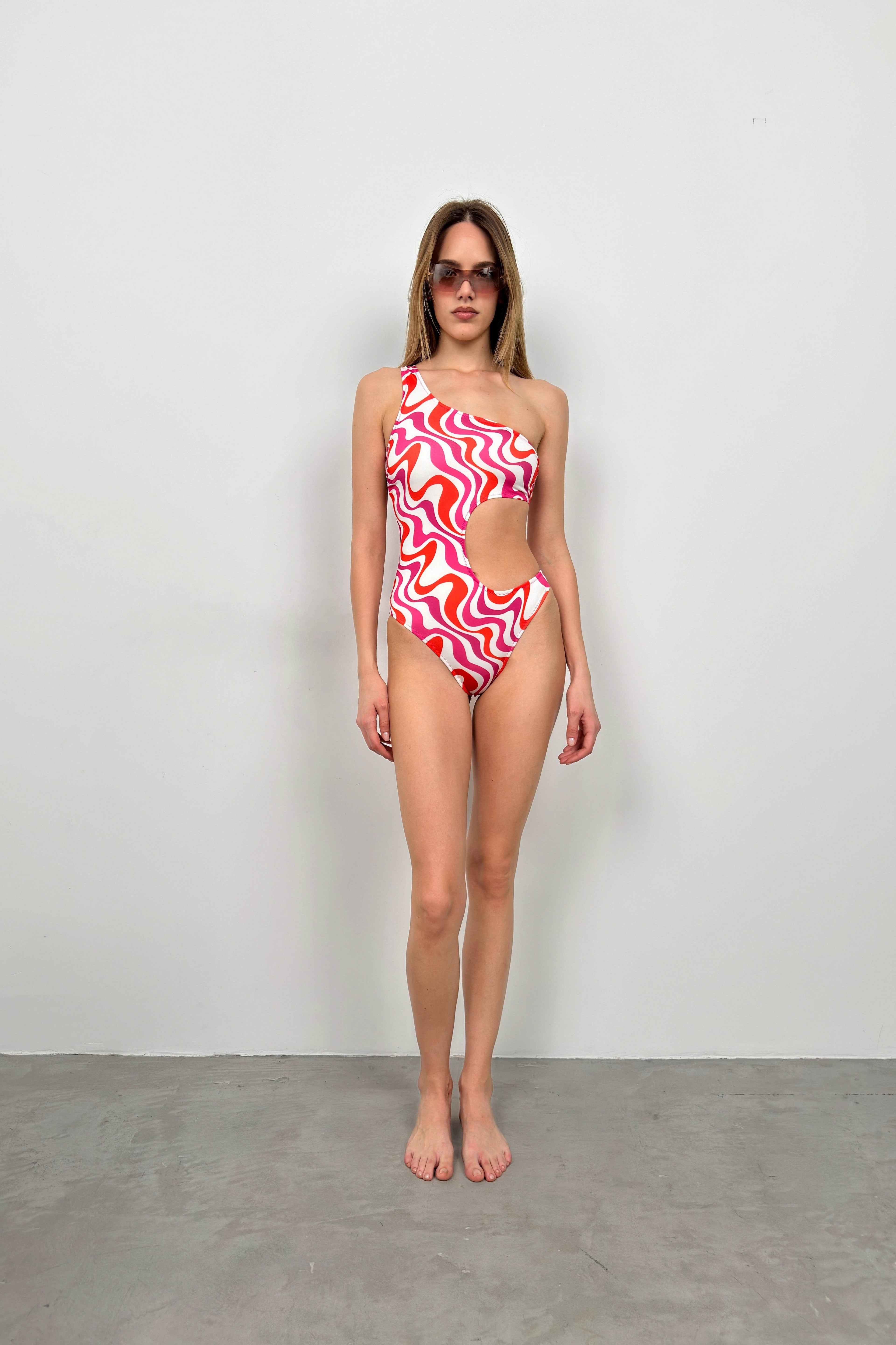 One Shoulder Patterned Pink Mayokini