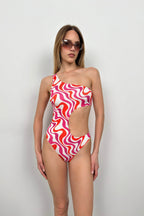 One Shoulder Patterned Pink Mayokini