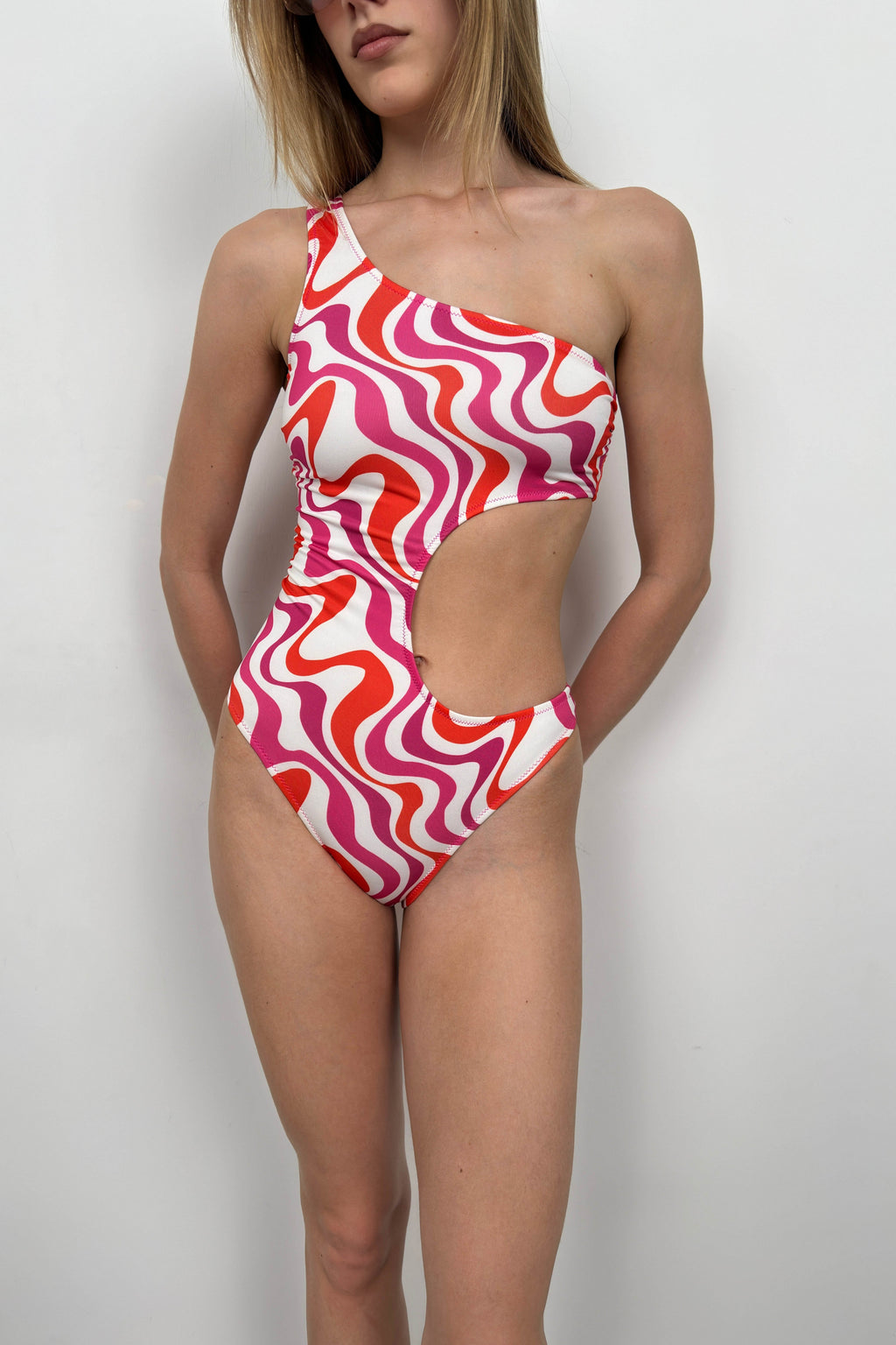 One Shoulder Patterned Pink Mayokini
