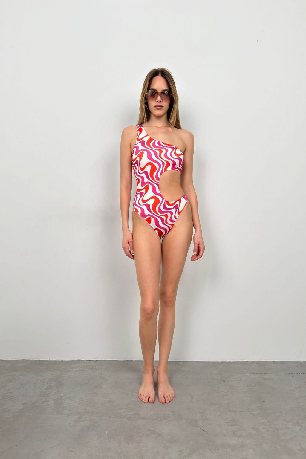 One Shoulder Patterned Pink Mayokini