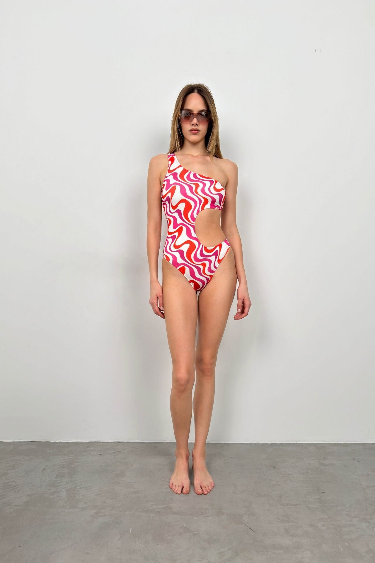One Shoulder Patterned Pink Mayokini