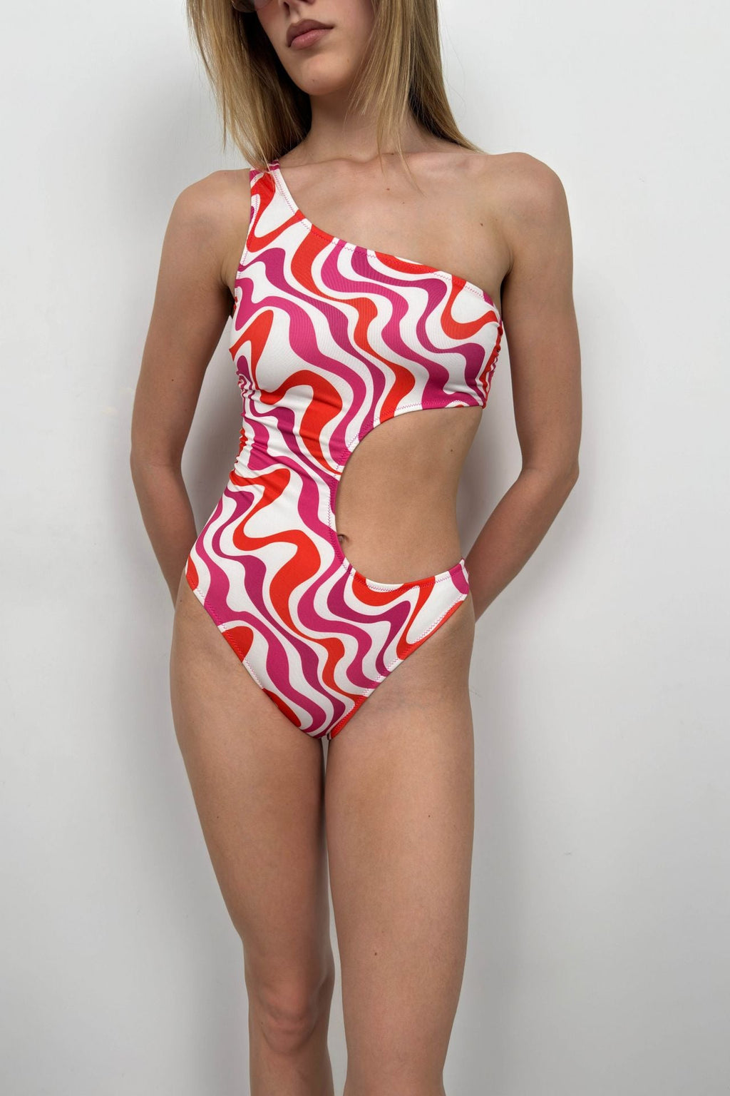 One Shoulder Patterned Pink Mayokini