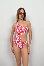 One Shoulder Patterned Pink Mayokini