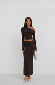 One Shoulder Brown Draped Blouse