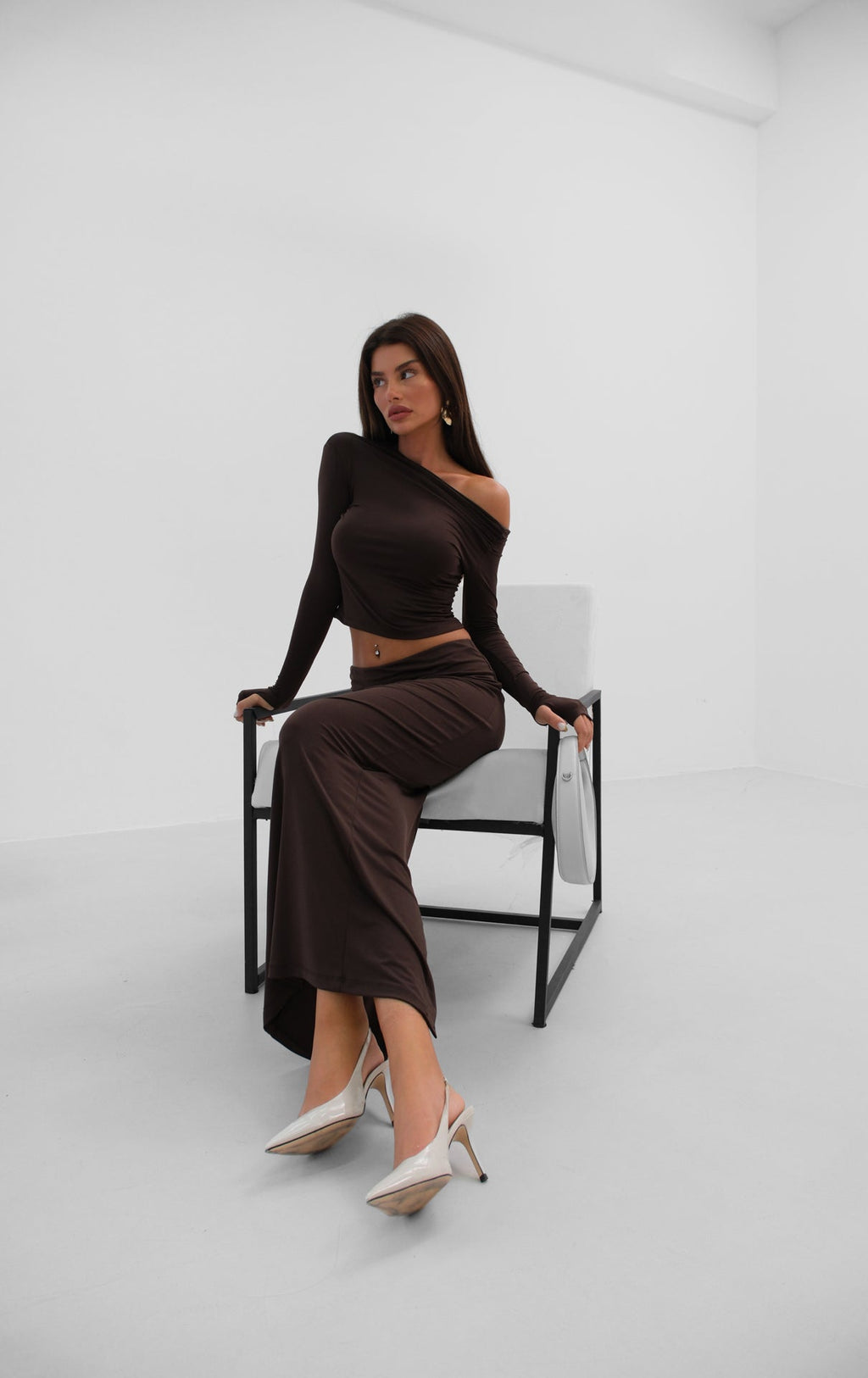 One Shoulder Brown Draped Blouse