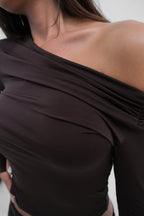 One Shoulder Brown Draped Blouse