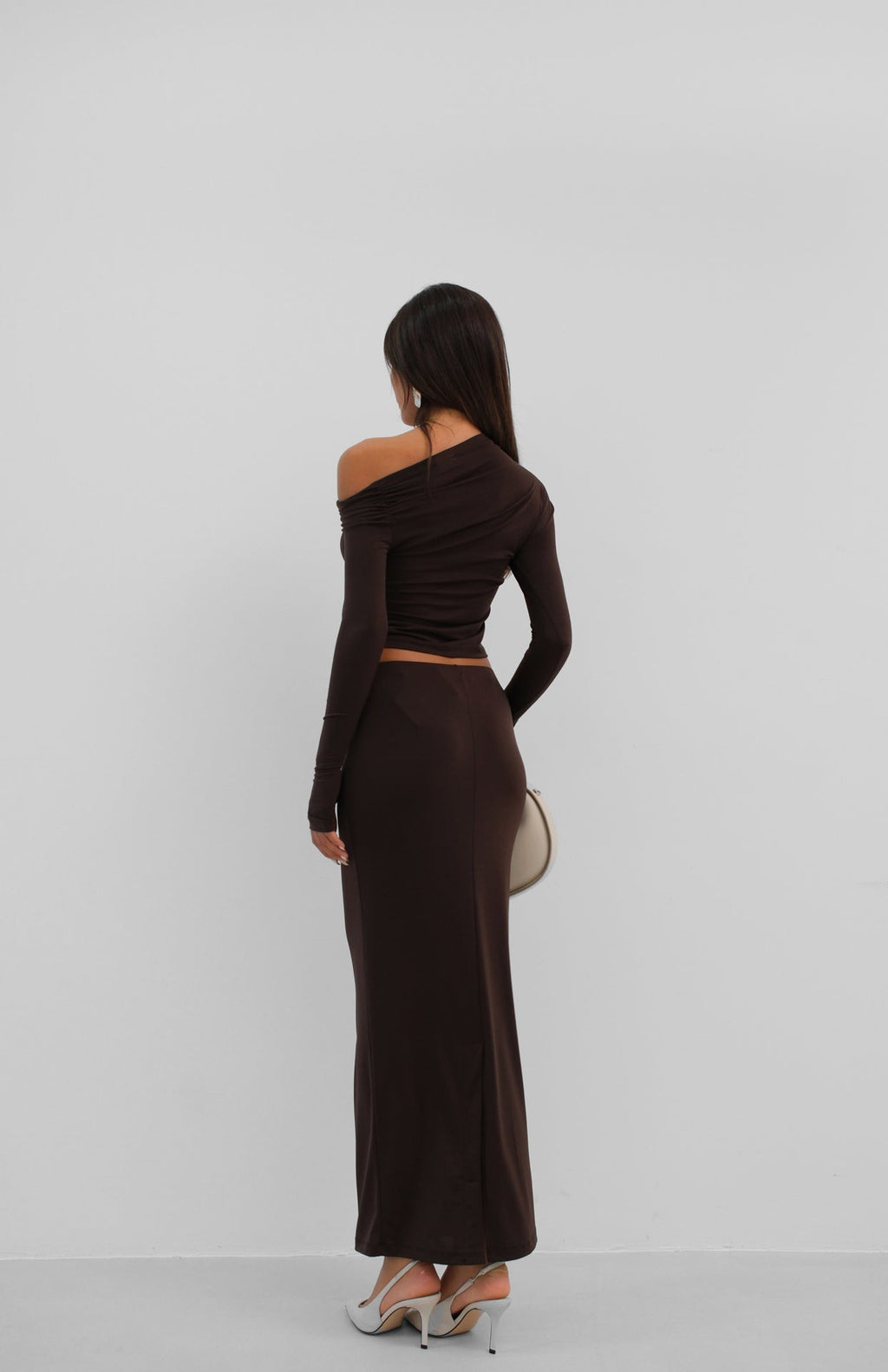 One Shoulder Brown Draped Blouse
