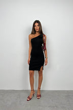 One Shoulder Rose Detail Black Knit Dress