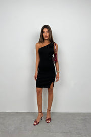 One Shoulder Rose Detail Black Knit Dress