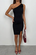 One Shoulder Rose Detail Black Knit Dress