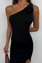 One Shoulder Rose Detail Black Knit Dress