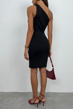 One Shoulder Rose Detail Black Knit Dress