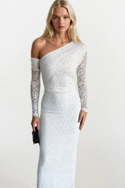 White Guipure Maxi Dress with One-Shoulder Sleeve Accessory Detail