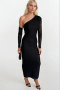 One-Shoulder Sleeve Accessory Detail Maxi Black Guipure Dress
