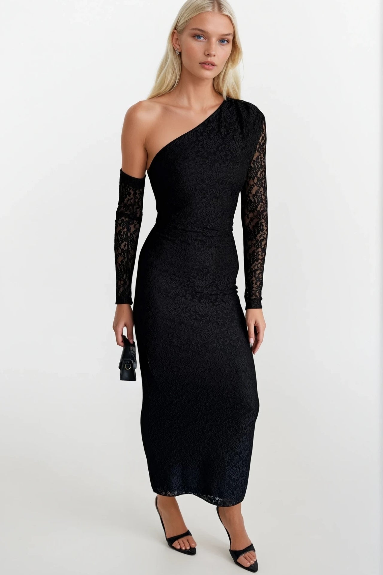 One-Shoulder Sleeve Accessory Detail Maxi Black Guipure Dress