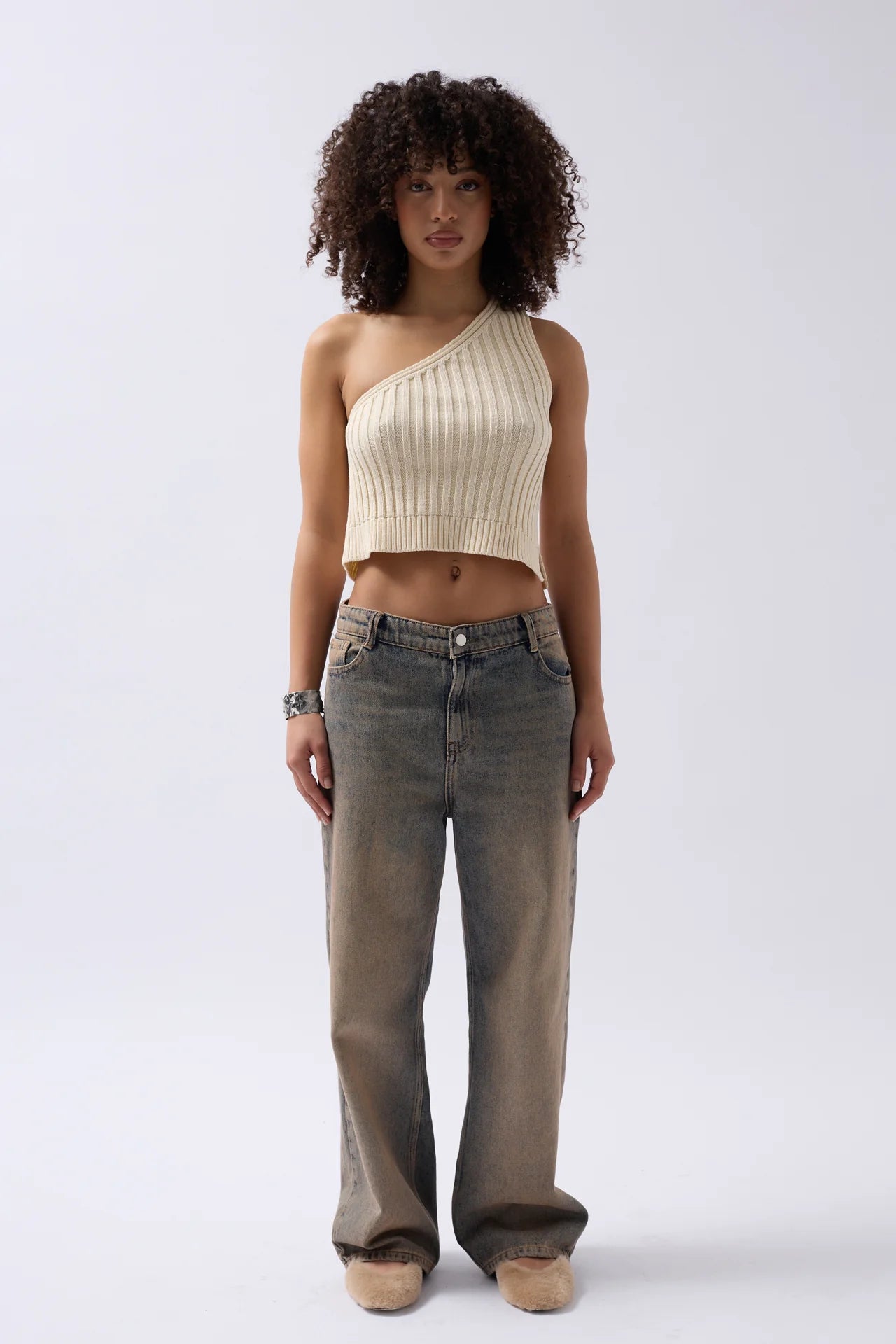 One Shoulder Knitted Ecru Blouse