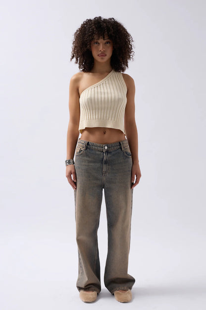 One Shoulder Knitted Ecru Blouse