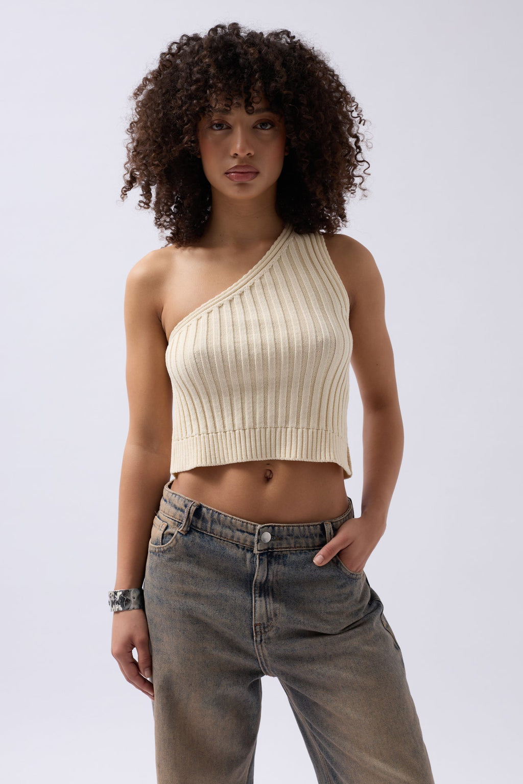 One Shoulder Knit Ecru Blouse