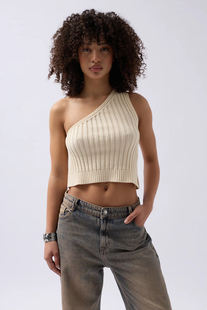 One Shoulder Knitted Ecru Blouse