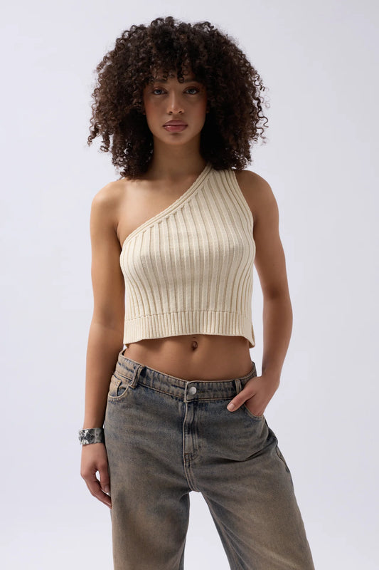 One Shoulder Knitted Ecru Blouse